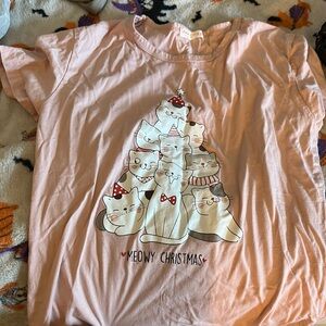 ROMWE Pink Meowy Christmas Cat Tee